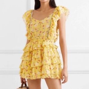 LoveShackFancy Yellow Floral Ruffled Mini Dress